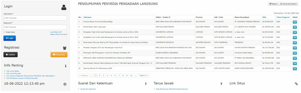 Login Dan Pengumuman Penyedia Pengadaan Langsung Di Simpel Kemdikbud