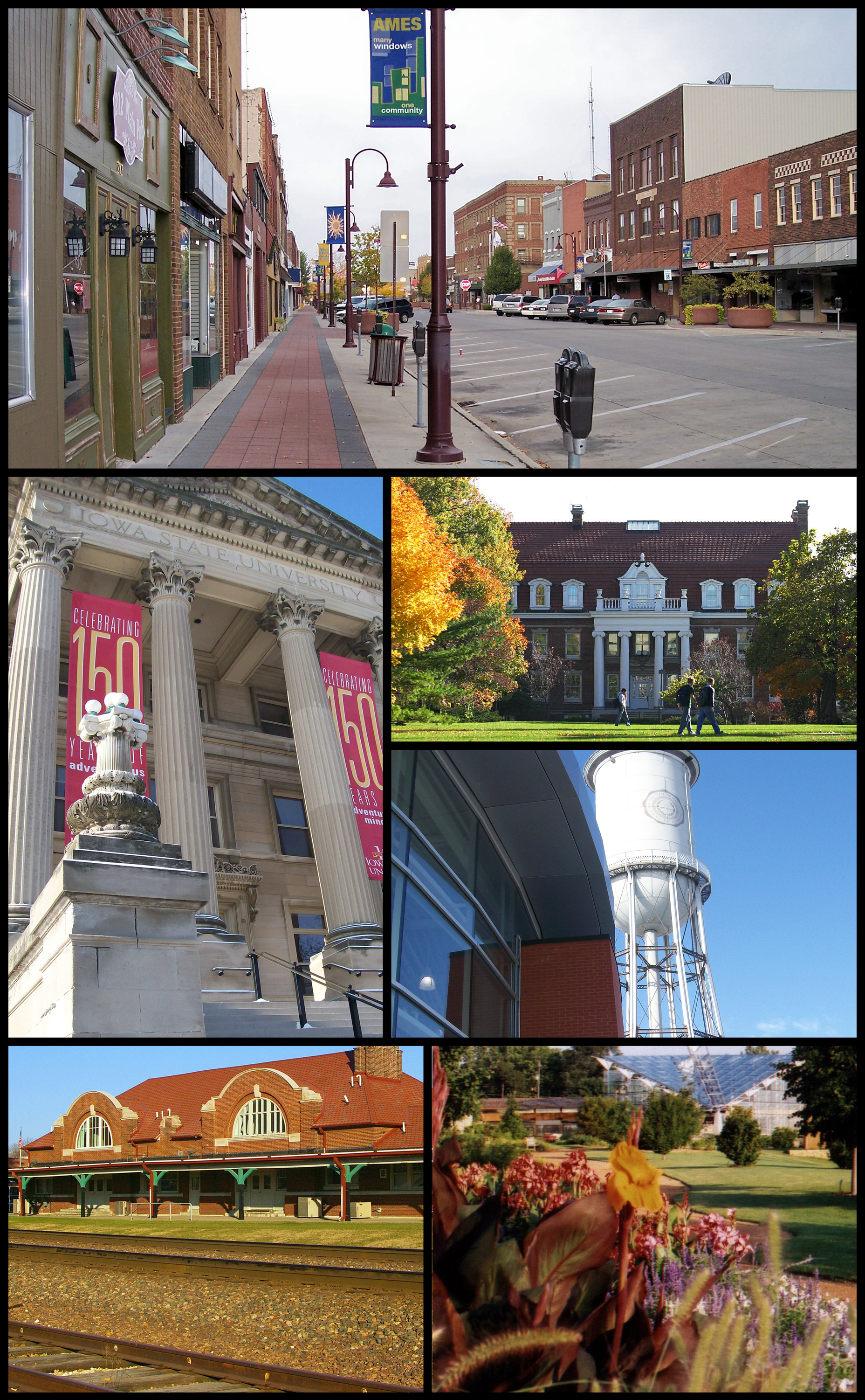 Ames () is a city in Story County, Iowa, United States, located approximately 30 miles (48 km) north of Des Moines in central Iowa. It is best known as the home of Iowa State University (ISU), with leading agriculture, design, engineering, and veterinary medicine colleges. A United States Department of Energy national laboratory, Ames Laboratory, is located on the ISU campus.
According to the 2020 census, Ames had a population of 66,427, making it the state's ninth most populous city. Iowa State University was home to 27,854 students as of spring 2023, which make up approximately one half of the city's population.
Ames also hosts United States Department of Agriculture (USDA) sites: the largest federal animal disease center in the United States, the USDA Agricultural Research Service's National Animal Disease Center (NADC), as well as one of two national USDA sites for the Animal and Plant Health Inspection Service (APHIS), which comprises the National Veterinary Services Laboratory and the Center for Veterinary Biologics. Ames also hosts the headquarters of the Iowa Department of Transportation.