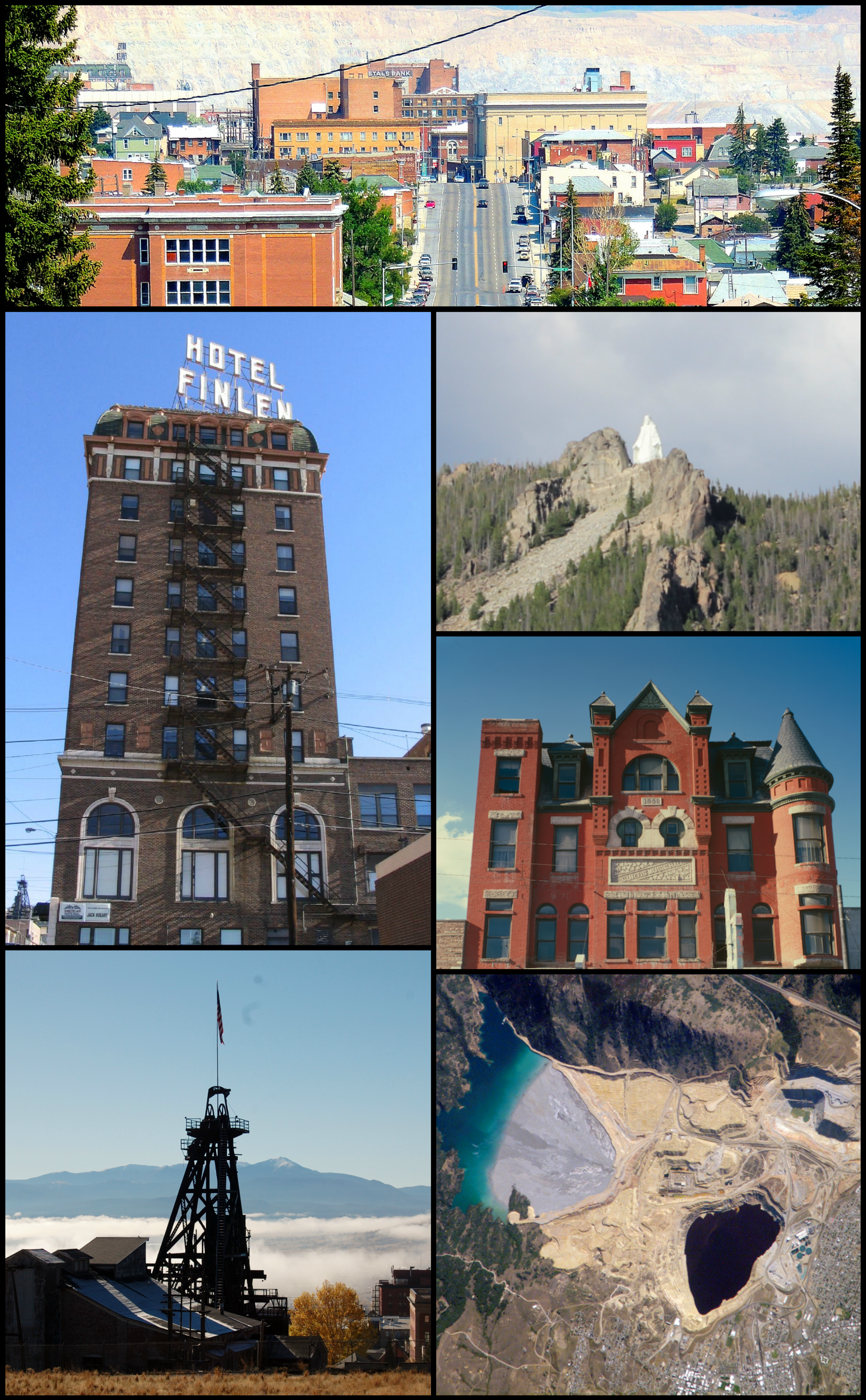 Butte ( BEWT) is a consolidated city-county and the county seat of Silver Bow County, Montana, United States. In 1977, the city and county governments consolidated to form the sole entity of Butte-Silver Bow. The city covers 718 square miles (1,860 km2), and, according to the 2020 census, has a population of 34,494, making it Montana's fifth-largest city. It is served by Bert Mooney Airport with airport code BTM.
Established in 1864 as a mining camp in the northern Rocky Mountains on the Continental Divide, Butte experienced rapid development in the late 19th century, and was Montana's first major industrial city. In its heyday between the late 19th and early 20th centuries, it was one of the largest copper boom towns in the American West. Employment opportunities in the mines attracted surges of Asian and European immigrants, particularly the Irish; as of 2017, Butte has the largest population of Irish Americans per capita of any U.S. city.
Butte was also the site of various historical events involving its mining industry and active labor unions and socialist politics, the most famous of which was the labor riot of 1914. Despite the dominance of the Anaconda Copper Mining Company, Butte was never a company town. Other major events in the city's history include the 1917 Speculator Mine disaster, the largest hard rock mining disaster in world history.
Over the course of its history, Butte's mining and smelting operations generated more than $48 billion worth of ore, but also resulted in numerous environmental implications for the city: The upper Clark Fork River, with headwaters at Butte, is the largest Superfund site in the nation, and the city is also home to the Berkeley Pit. In the late 20th century, the EPA instated cleanup efforts, and the Butte Citizens Technical Environmental Committee was established in 1984. In the 21st century, efforts to interpret and preserve Butte's heritage are addressing both the town's historical significance and the continuing importance of mining to its economy and culture. The city's Uptown Historic District, on the National Register of Historic Places, is one of the largest National Historic Landmark Districts in the U.S., containing nearly 6,000 contributing properties. The city is also home to Montana Technological University, a public engineering and technical university.