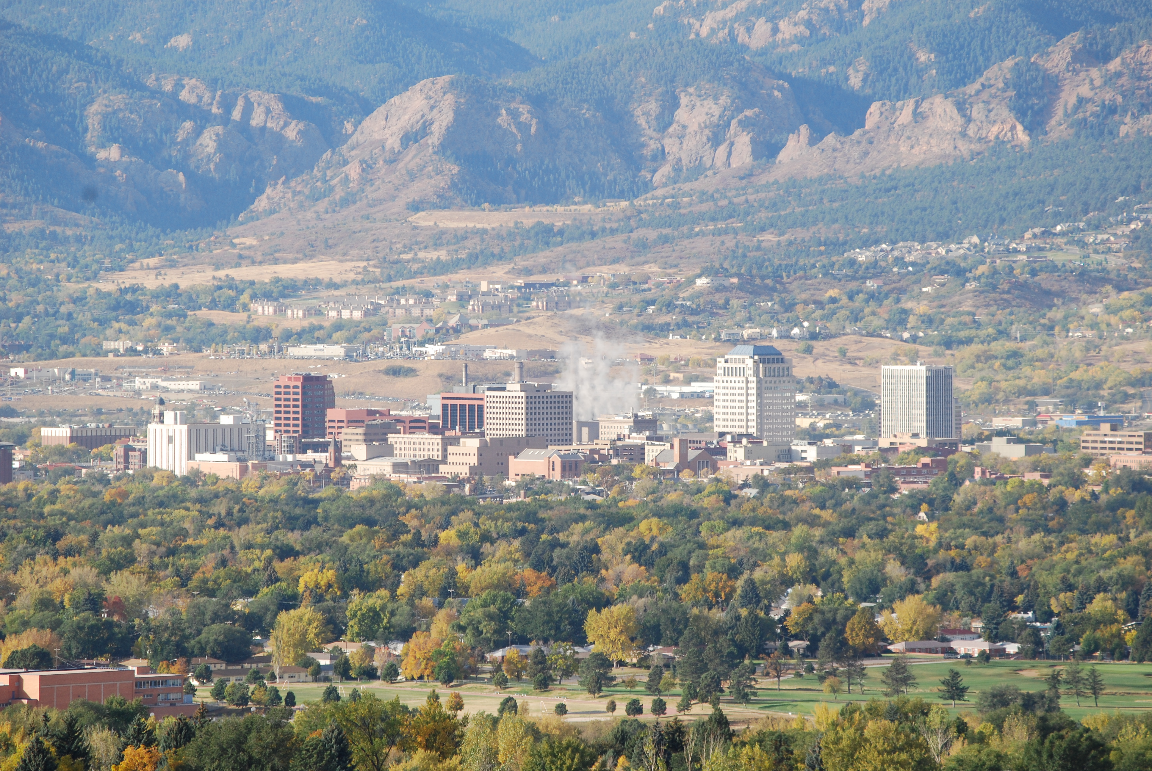 Colorado Springs is a home rule municipality in and the county seat of El Paso County, Colorado, United States. It is the most populous city in El Paso County, with a population of 478,961 at the 2020 census, a 15.02% increase since 2010. Colorado Springs is the second-most populous city and the most extensive city in the state of Colorado, and the 40th-most populous city in the United States. It is the principal city of the Colorado Springs metropolitan area and the second-most prominent city of the Front Range Urban Corridor. It is located in east-central Colorado on Fountain Creek, 70 miles (113 km) south of Denver.
At 6,035 feet (1,839 m) the city stands over 1 mile (1.6 km) above sea level. Colorado Springs is near the base of Pikes Peak, which rises 14,115 feet (4,302.31 m) above sea level on the eastern edge of the Southern Rocky Mountains. The city is the largest city north of Mexico above 6000 feet in elevation.