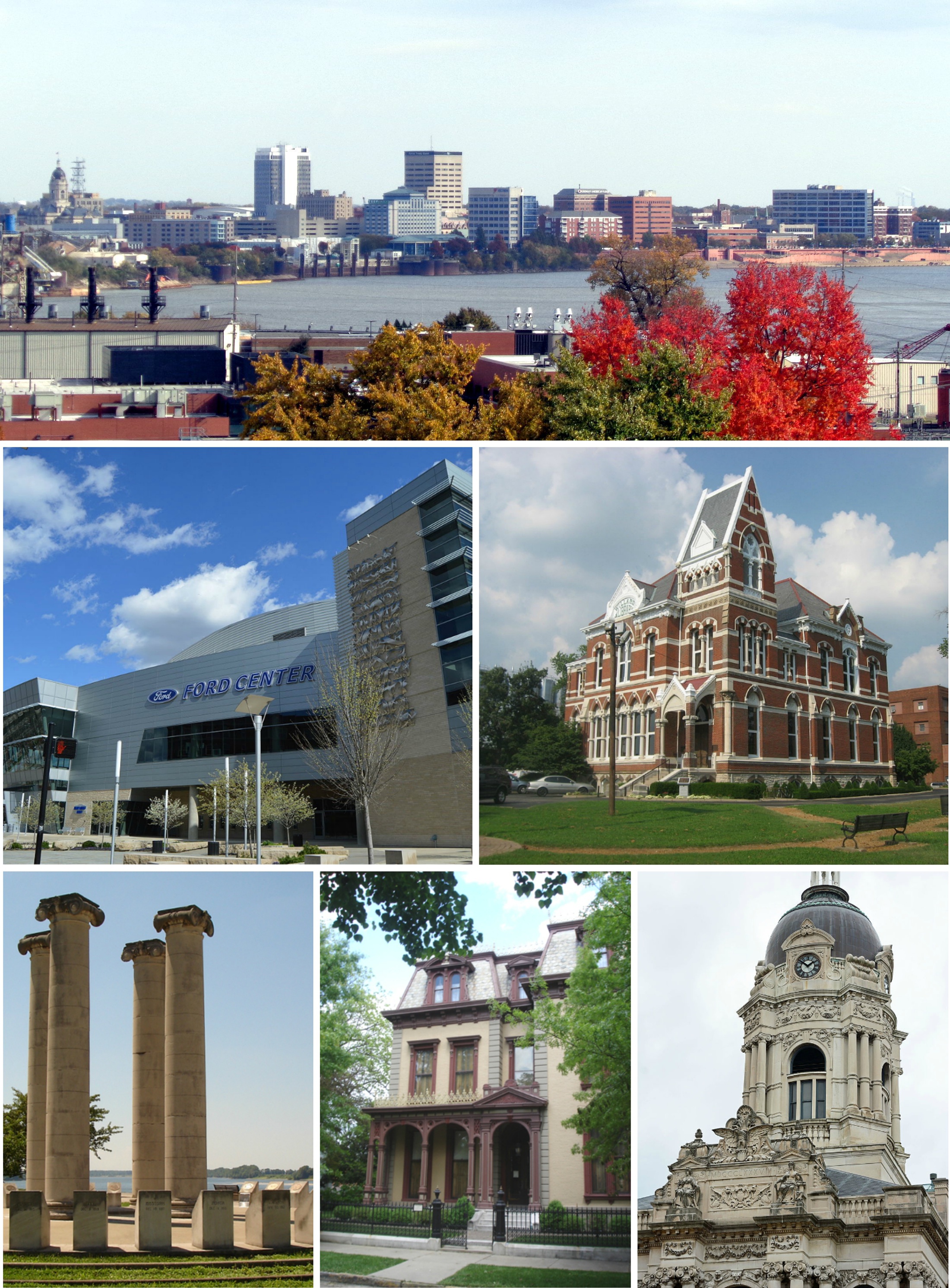 Evansville is a city in and the county seat of Vanderburgh County, Indiana, United States. With a population of 118,414 at the 2020 census, it is Indiana's third-most populous city after Indianapolis and Fort Wayne, the most populous city in Southern Indiana, and the 249th-most populous city in the United States. It is the central city of the Evansville metropolitan area, a hub of commercial, medical, and cultural activity of southwestern Indiana and the Illinois–Indiana–Kentucky tri-state area, which is home to over 911,000 people. The 38th parallel north crosses the north side of the city and is marked on Interstate 69.
Situated on an oxbow in the Ohio River, the city is often referred to as the "Crescent Valley" or "River City". Early French explorers named it La Belle Rivière ("The Beautiful River"). The area has been inhabited by various indigenous cultures for millennia, dating back at least 10,000 years. Angel Mounds was a permanent settlement of the Mississippian culture from AD 1000 to around AD 1400. The European-American city was founded in 1812.
Evansville anchors a regional economic hub based primarily on trade, transportation, and utilities; professional and business services; education and health services; government; leisure and hospitality; and manufacturing. Two NYSE-listed companies (Berry Global and OneMain Financial) are headquartered in Evansville, and three companies traded on NASDAQ (Escalade, Old National Bank, and Shoe Carnival) are also headquartered in Evansville.
Evansville is home to Bally's Evansville, the state's first casino; Mesker Park Zoo and Botanic Garden, one of the state's oldest and largest zoos; and sports tourism industry. The city has several notable educational institutions. The University of Evansville is a private school on the city's east side, while the University of Southern Indiana is a larger public institution just outside the city's westside limits. The Indiana University School of Medicine also maintains a campus in Evansville. Other local educational institutions include the nationally ranked Signature School, the Evansville Vanderburgh Public Library, and the Evansville Vanderburgh School Corporation.