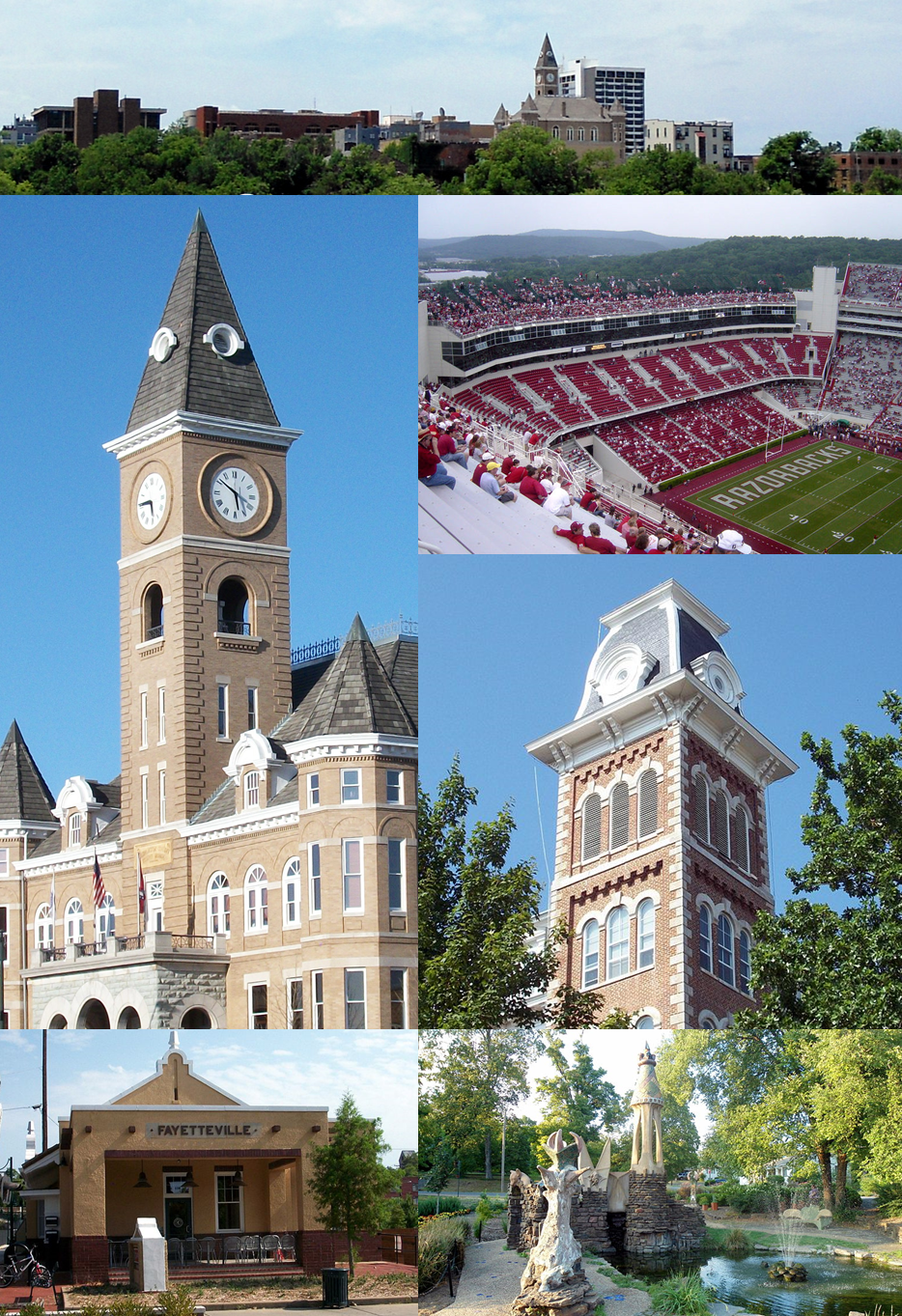 Fayetteville () is the 2nd most populous city in Arkansas, the county seat of Washington County, and the most populous city in Northwest Arkansas.  The city is on the outskirts of the Boston Mountains, deep within the Ozarks.  Known as Washington until 1829, the city was named after Fayetteville, Tennessee, from which many of the settlers had come.  It was incorporated on November 3, 1836, and was rechartered in 1867.  Fayetteville is included in the three-county Northwest Arkansas Metropolitan Statistical Area, which is ranked 100th in terms of population in the United States with 576,403 in 2022 according to the United States Census Bureau.  The city had a population of 99,285 in 2022.Fayetteville is home to the University of Arkansas, the state's flagship university.  When classes are in session, thousands of students on campus change up the pace of the city.  Thousands of Arkansas Razorbacks alumni and fans travel to Fayetteville to attend football, basketball, and baseball games.  The city of Fayetteville is colloquially known as the "Track Capital of the World" due to the success and prestige of the University of Arkansas cross country and track & field programs. The University's men's cross country and track and field programs have won a combined 41 national championships to date with the women's teams adding 5 national championships since 2015.The city is the first in America to be awarded the designation of "Bike City" by the Union Cycliste Internationale (UCI), the world governing body of cycling. It was given the title in 2021 due to it not only hosting major UCI cycling events, but also its work in developing cycling through programs and infrastructure.
The city hosts the Walmart Shareholders Meetings each year at the Bud Walton Arena.