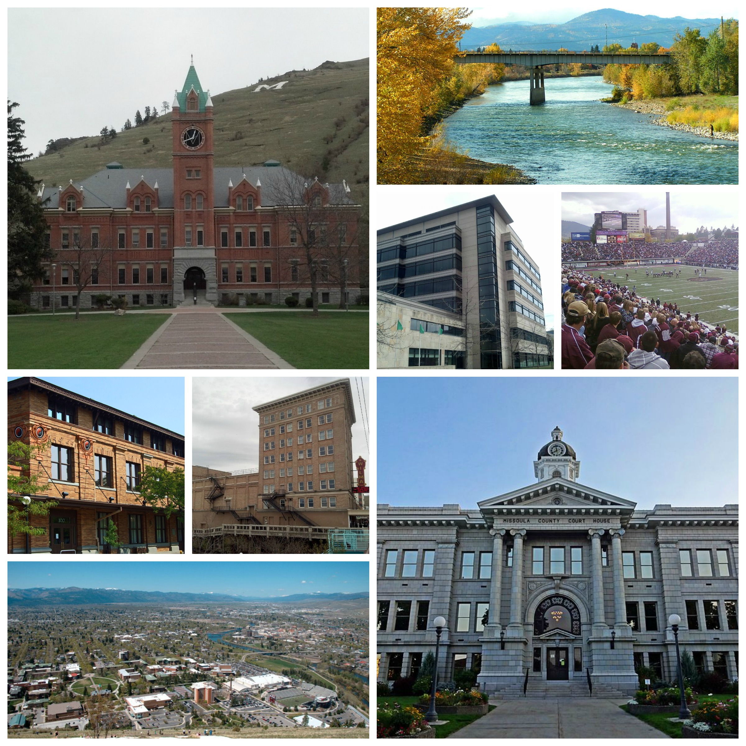 Missoula (  mih-ZOO-lə; Séliš: Nłʔay, lit. 'Place of the Small Bull Trout'; Kutenai: Tuhuⱡnana) is a city in and the county seat of Missoula County, Montana, United States. It is located along the Clark Fork River near its confluence with the Bitterroot and Blackfoot Rivers in western Montana and at the convergence of five mountain ranges, thus it is often described as the "hub of five valleys". The 2020 United States Census shows the city's population at 73,489 and the population of the Missoula Metropolitan Area at 117,922. After Billings, Missoula is the second-largest city and metropolitan area in Montana. Missoula is home to the University of Montana, a public research university.
The Missoula area began seeing settlement by people of European descent in 1858 including William T. Hamilton, who set up a trading post along the Rattlesnake Creek, Captain Richard Grant, who settled near Grant Creek, and David Pattee, who settled near Pattee Canyon. Missoula was founded in 1860 as Hellgate Trading Post while still part of Washington Territory. By 1866, the settlement had moved east, 5 miles (8 km) upstream, and had been renamed Missoula Mills, later shortened to Missoula. The mills provided supplies to western settlers traveling along the Mullan Road. The establishment of Fort Missoula in 1877 to protect settlers further stabilized the economy. The arrival of the Northern Pacific Railway in 1883 brought rapid growth and the maturation of the local lumber industry. In 1893, the Montana Legislature chose Missoula as the site for the state's first university. Along with the U.S. Forest Service headquarters founded in 1908, lumber and the university remained the basis of the local economy for the next 100 years.By the 1990s, Missoula's lumber industry had gradually disappeared, and as of 2009, the city's largest employers were the University of Montana, Missoula County Public Schools, and Missoula's two hospitals. The city is governed by a mayor–council government with 12 city council members, two from each of the six wards. In and around Missoula are 400 acres (160 ha) of parkland, 22 miles (35 km) of trails, and nearly 5,000 acres (2,000 ha) of open-space conservation land, with adjacent Mount Jumbo being home to grazing elk and mule deer during the winter. The city is also home to both of Montana's largest and its oldest active breweries, as well as the Montana Grizzlies. Notable residents include the first woman to serve in the U.S. Congress, Jeannette Rankin.