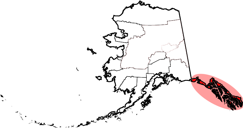 Southeast Alaska, often abbreviated to Southeast or Southeastern, and sometimes called the Alaska(n) Panhandle, is the southeastern portion of the U.S. state of Alaska, bordered to the east and north by the northern half of the Canadian province of British Columbia (and a small part of Yukon). The majority of Southeast Alaska is situated in Tlingit Aaní, much of which is part of the Tongass National Forest, the United States' largest national forest. In many places, the international border runs along the crest of the Boundary Ranges of the Coast Mountains (see Alaska boundary dispute). The region is noted for its scenery and mild, rainy climate.
The largest cities in the region are Juneau, Sitka, and Ketchikan. This region is also home to Hyder, the easternmost town in Alaska.