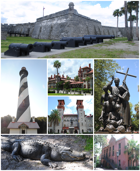 St. Augustine ( AW-gə-steen; Spanish: San Agustín [san aɣusˈtin]) is a city in and the county seat of St. Johns County located 40 miles (64 km) south of downtown Jacksonville. The city is on the Atlantic coast of northeastern Florida. Founded in 1565 by Spanish explorers, it is the oldest continuously inhabited European-established settlement in what is now the contiguous United States.
St. Augustine was founded on September 8, 1565, by Spanish admiral Pedro Menéndez de Avilés, Florida's first governor. He named the settlement San Agustín, for his ships bearing settlers, troops, and supplies from Spain had first sighted land in Florida eleven days earlier on August 28, the feast day of St. Augustine. The city served as the capital of Spanish Florida for over 200 years. It was designated as the capital of British East Florida when the colony was established in 1763; Great Britain returned Florida to Spain in 1783.
Spain ceded Florida to the United States in 1819, and St. Augustine was designated one of the two alternating capitals of the Florida Territory, the other being Pensacola, upon ratification of the Adams–Onís Treaty in 1821. The Florida National Guard made the city its headquarters that same year. The territorial government moved and made Tallahassee the permanent capital of Florida in 1824.St. Augustine is part of Florida's First Coast region and the Jacksonville metropolitan area. Since the late 19th century, St. Augustine's distinctive historical character has made the city a tourist attraction. Castillo de San Marcos, the city's 17th-century Spanish fort—constructed out of the sedimentary rock coquina—continues to attract tourists.